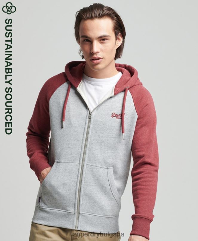Superdry облекло N00H674 светло сив мъже качулка с ретро бейзболно лого от органичен памук