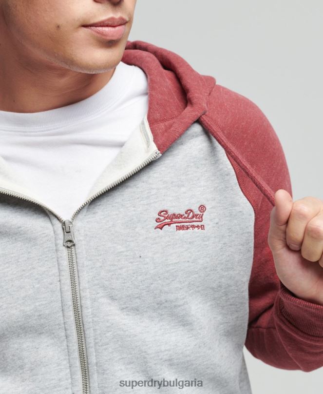 Superdry облекло N00H674 светло сив мъже качулка с ретро бейзболно лого от органичен памук