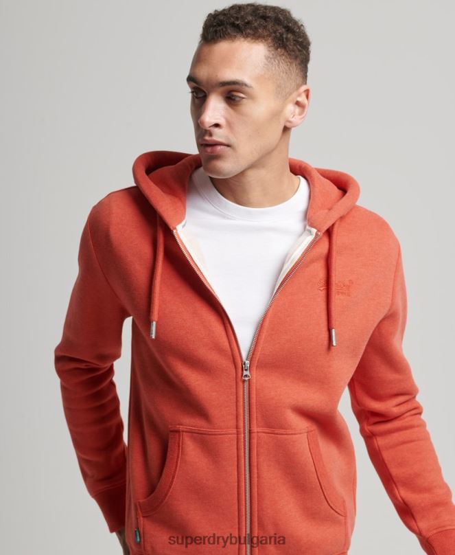 Superdry облекло N00H675 оранжево мъже ретро суичър с цип с бродирано лого