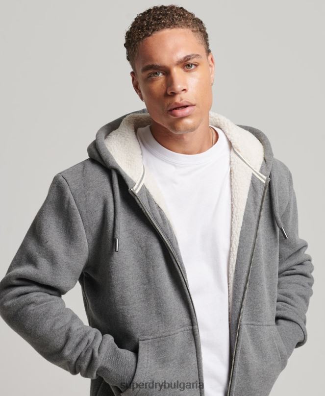 Superdry облекло N00H680 сиво мъже есенциална суичър с качулка с цип с подплата