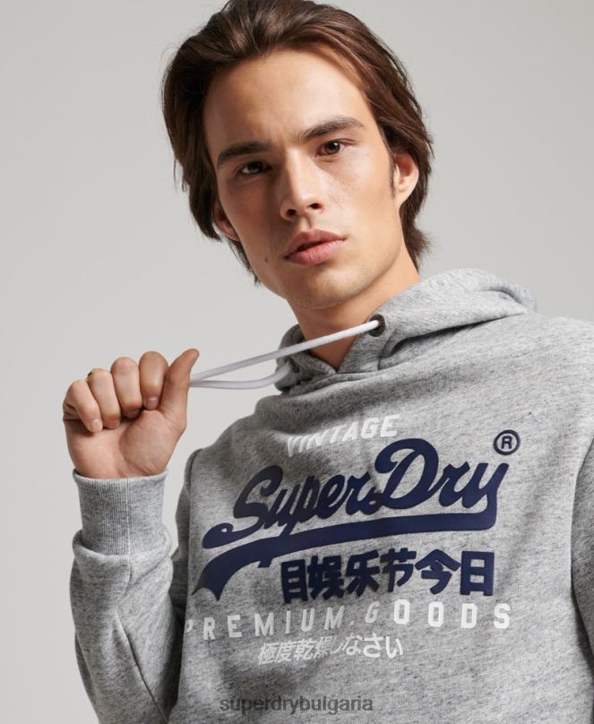 Superdry облекло N00H686 сиво мъже ретро качулка с лого от органичен памук