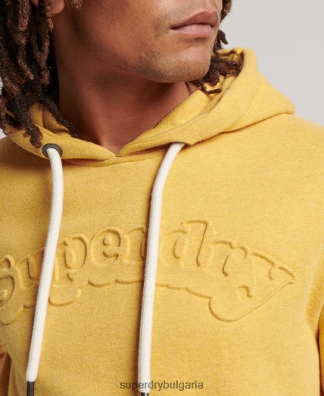 Superdry облекло N00H692 жълто мъже ретро суичър с релефна качулка