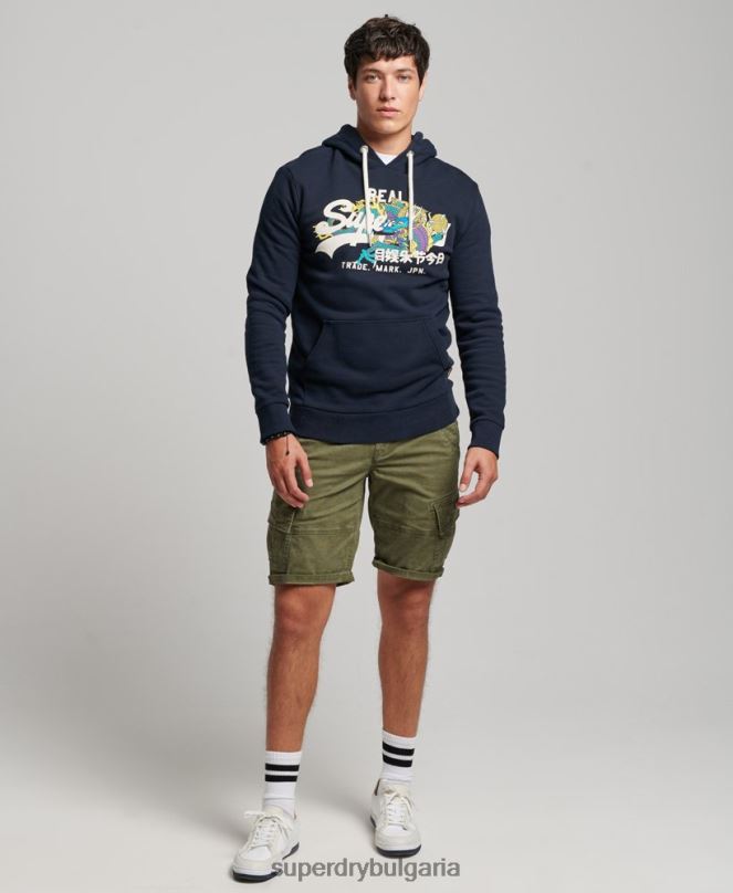 Superdry облекло N00H697 военноморски флот мъже винтидж качулка с лого