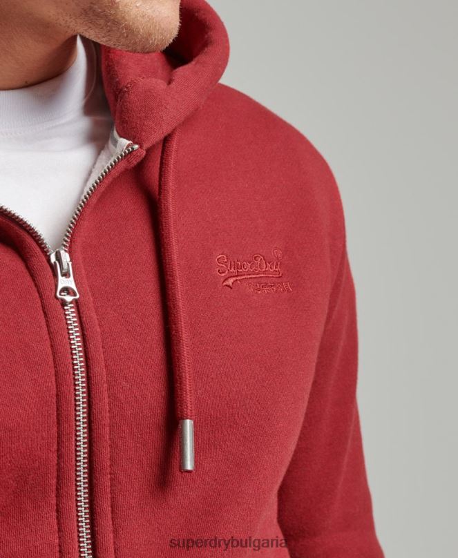 Superdry облекло N00H698 червен мъже ретро суичър с цип с бродирано лого