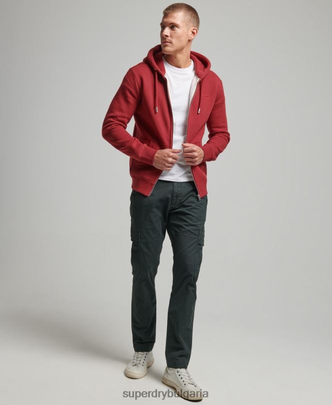 Superdry облекло N00H698 червен мъже ретро суичър с цип с бродирано лого