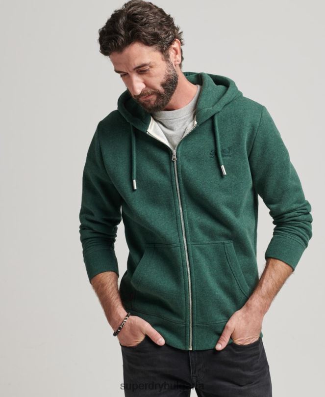 Superdry облекло N00H710 зелено мъже качулка с ретро лого и цип от органичен памук