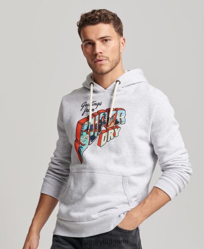 Superdry облекло N00H720 светло сив мъже качулка с стикер за пътуване