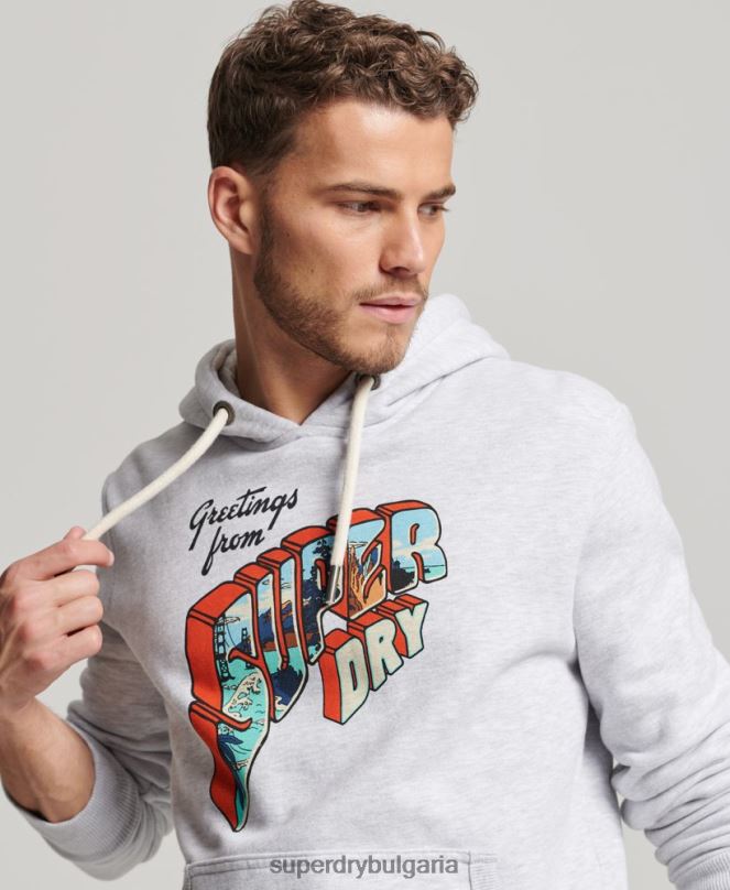 Superdry облекло N00H720 светло сив мъже качулка с стикер за пътуване