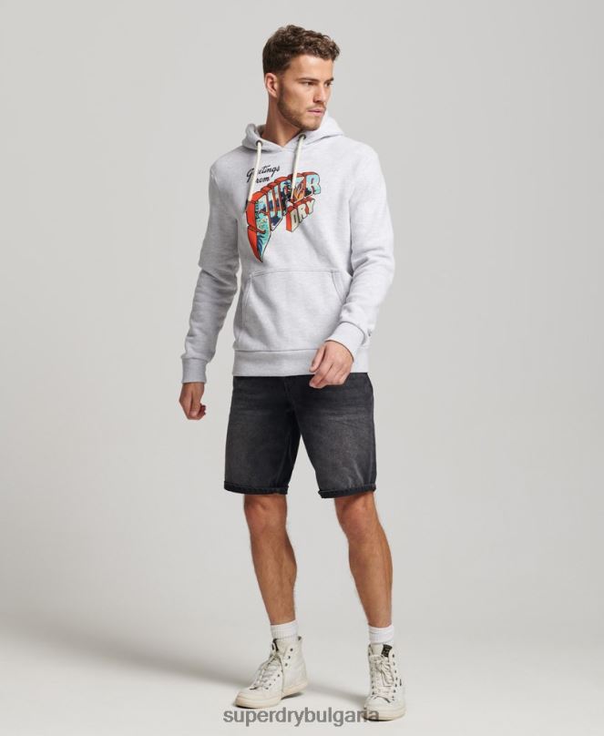 Superdry облекло N00H720 светло сив мъже качулка с стикер за пътуване