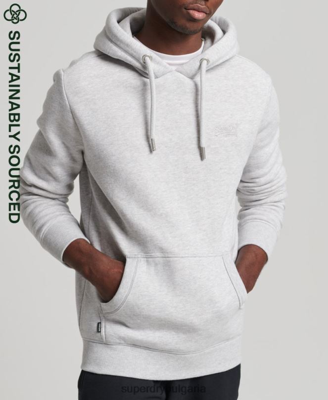Superdry облекло N00H722 светло сив мъже качулка с ретро лого от органичен памук