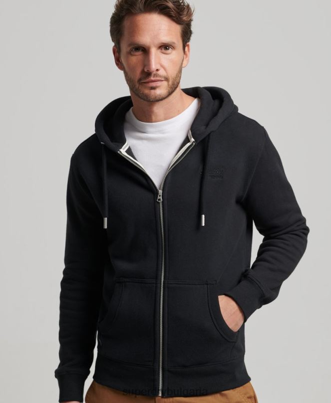 Superdry облекло N00H731 черен мъже ретро суичър с цип с бродирано лого
