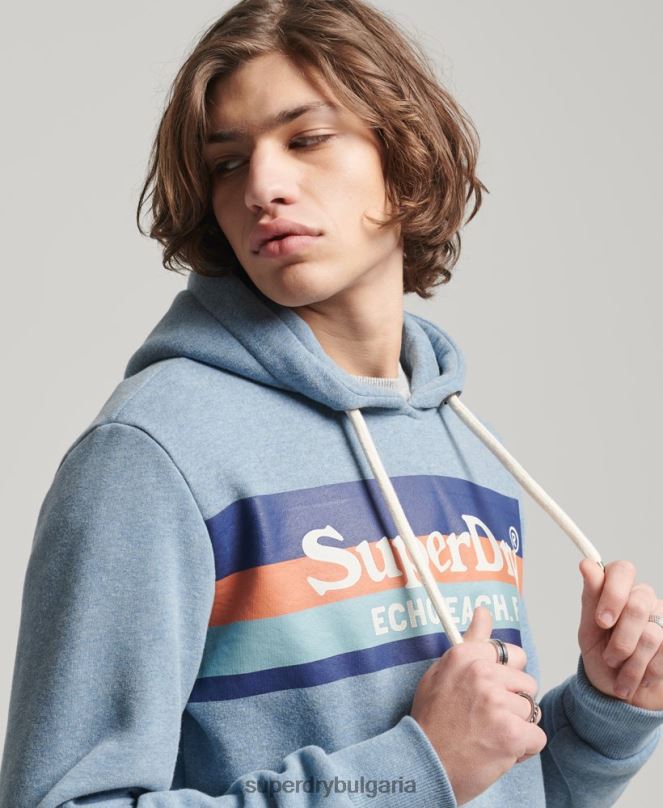 Superdry облекло N00H735 светло синьо мъже ретро суичър с качулка