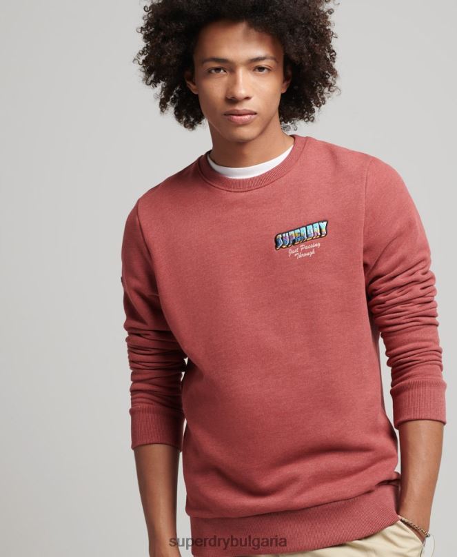 Superdry облекло N00H758 червен мъже графичен суичър с пощенска картичка за пътуване