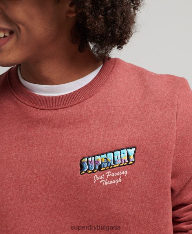 Superdry облекло N00H758 червен мъже графичен суичър с пощенска картичка за пътуване