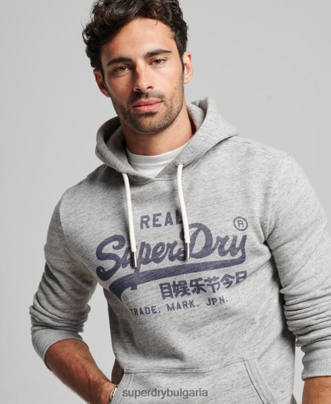 Superdry облекло N00H789 сиво мъже винтидж качулка с лого