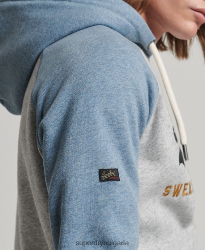 Superdry облекло N00H812 сиво мъже реглан качулка с ретро лого от органичен памук