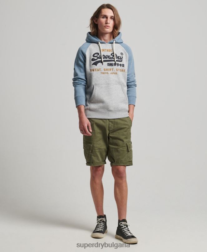 Superdry облекло N00H812 сиво мъже реглан качулка с ретро лого от органичен памук