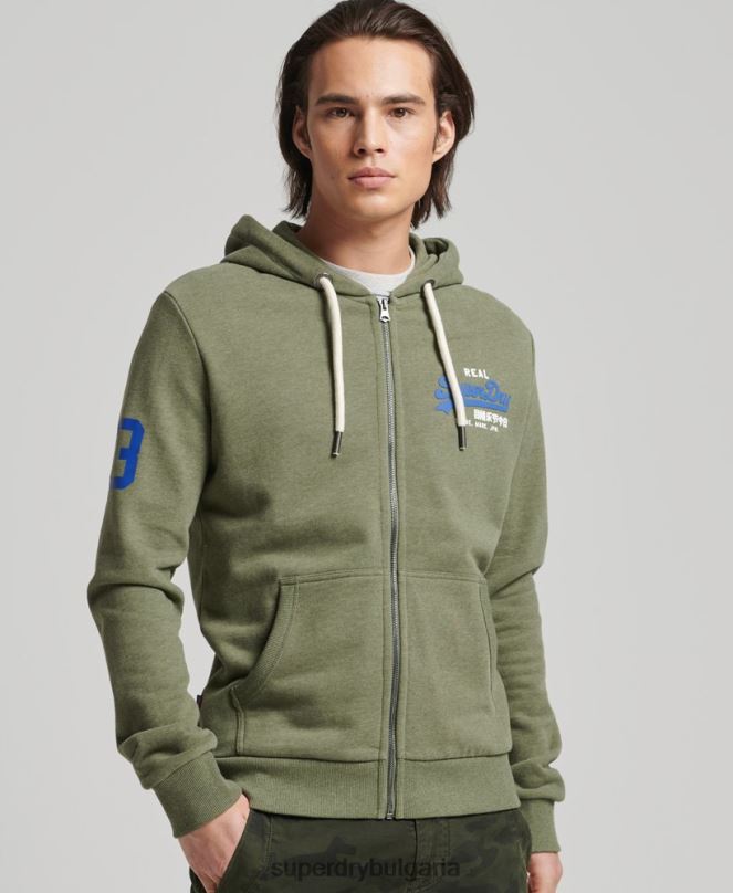 Superdry облекло N00H840 зелено мъже класическа качулка с ретро лого с цип