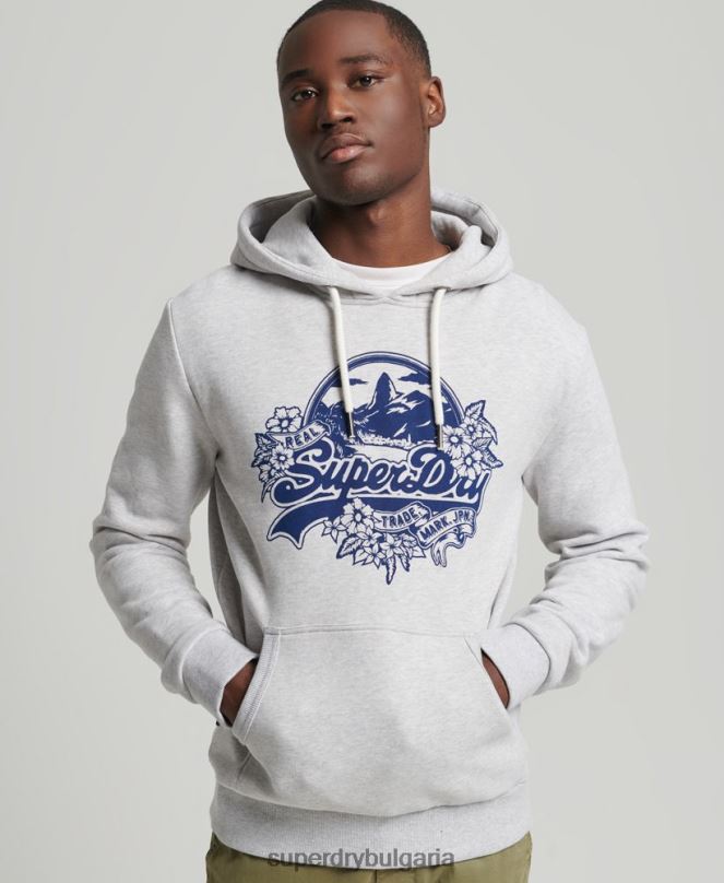Superdry облекло N00H841 светло сив мъже сезонна качулка с винтидж лого