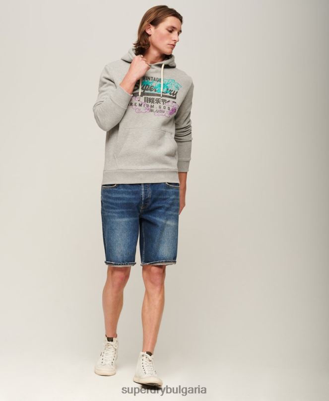Superdry облекло N00H855 сиво мъже винтидж качулка с лого