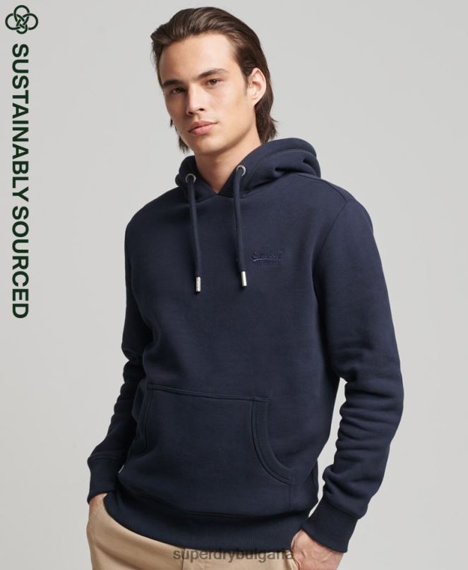 Superdry облекло N00H856 военноморски флот мъже качулка с ретро лого от органичен памук