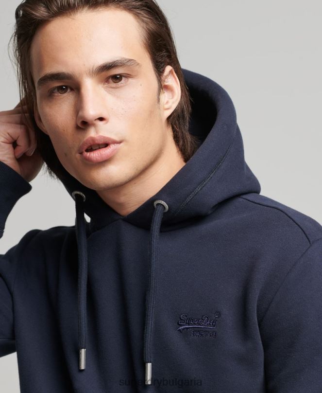 Superdry облекло N00H856 военноморски флот мъже качулка с ретро лого от органичен памук