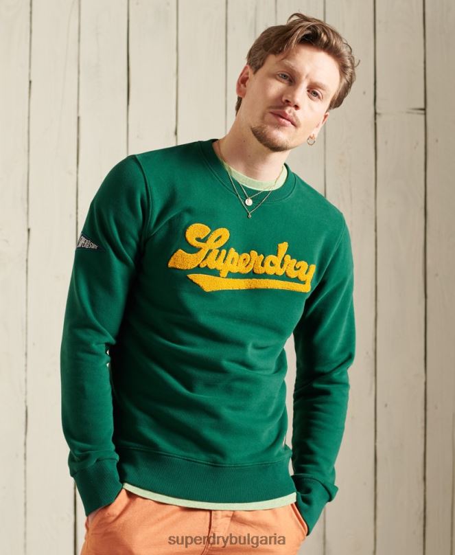 Superdry облекло N00H868 зелено мъже лимитирана серия колежански суитшърт от шенил