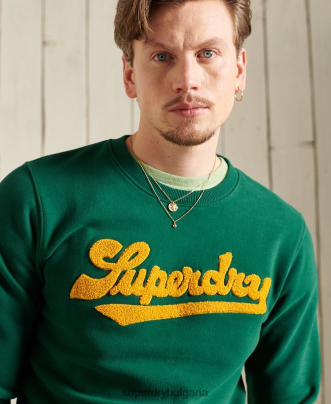 Superdry облекло N00H868 зелено мъже лимитирана серия колежански суитшърт от шенил