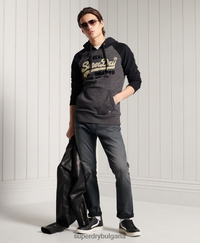 Superdry облекло N00H873 тъмно сив мъже ретро лого дуо реглан качулка с примка