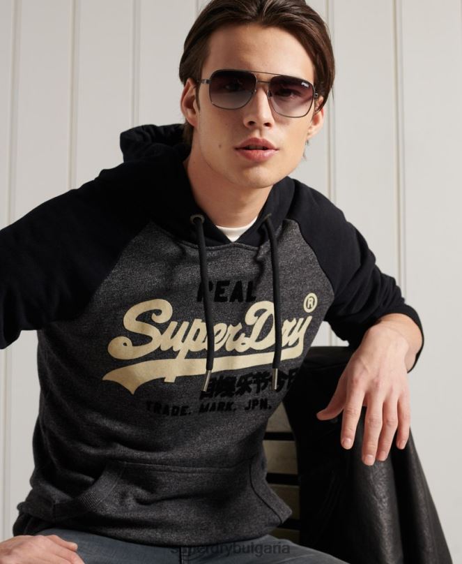 Superdry облекло N00H873 тъмно сив мъже ретро лого дуо реглан качулка с примка