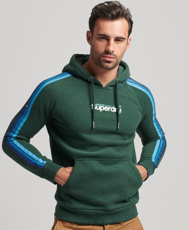 Superdry облекло N00H879 зелено мъже суичър с качулка с качулка с лого ивица с ръкави