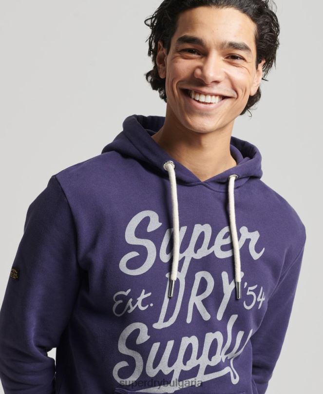 Superdry облекло N00H882 военноморски флот мъже ретро качулка в стил скрипт