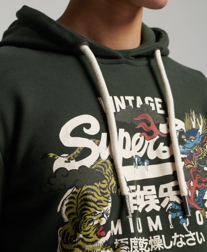 Superdry облекло N00H884 зелено мъже суичър с ретро лого с нечеткано повествование