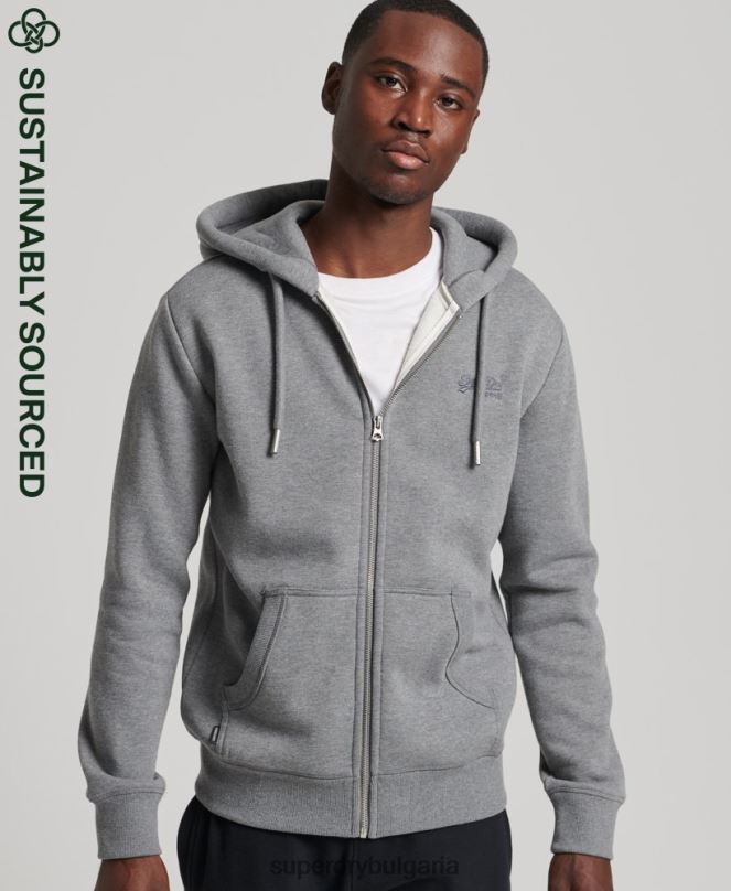 Superdry облекло N00H885 сиво мъже качулка с ретро лого и цип от органичен памук
