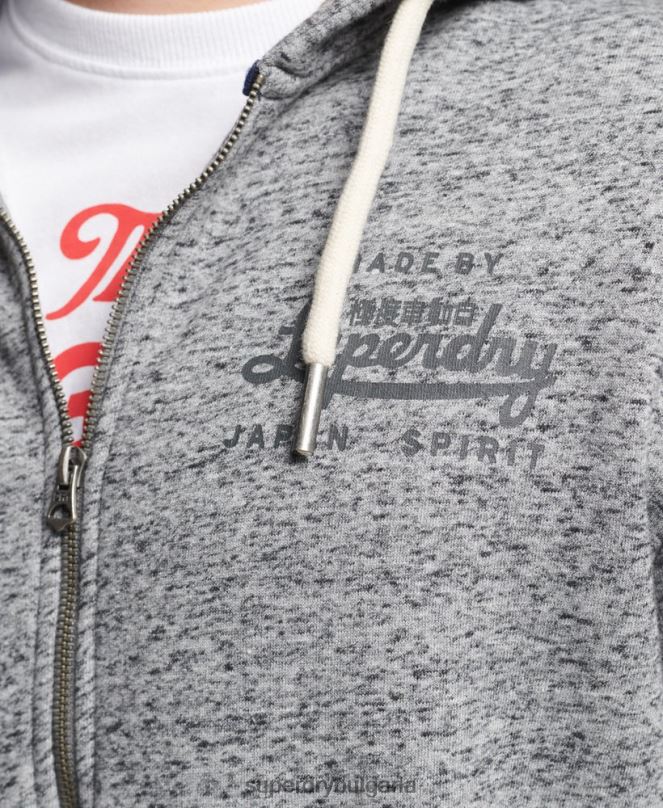 Superdry облекло N00H892 светло сив мъже колежанско суичър с цип в стил скрипт
