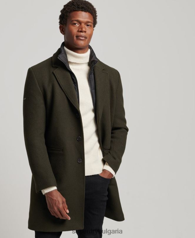 Superdry облекло N00H1043 зелено мъже вълнено палто с подвижна подплата