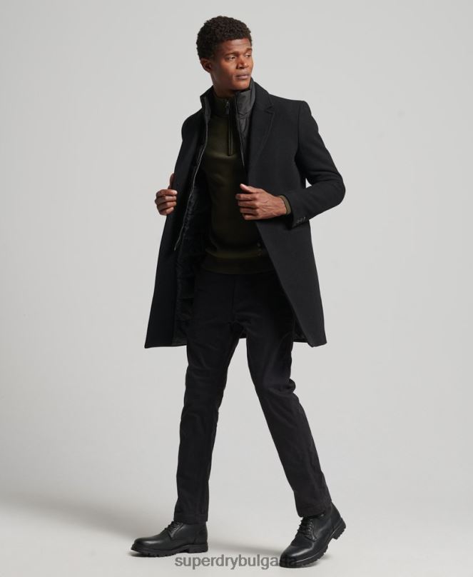 Superdry облекло N00H1117 черен мъже вълнено палто с подвижна подплата