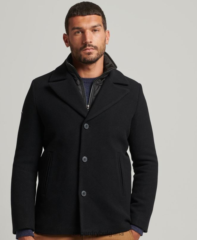 Superdry облекло N00H1131 черен мъже късо вълнено палто със сваляща се подплата