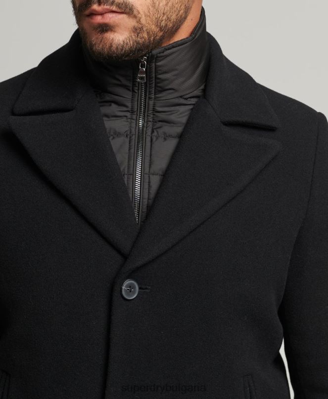 Superdry облекло N00H1131 черен мъже късо вълнено палто със сваляща се подплата
