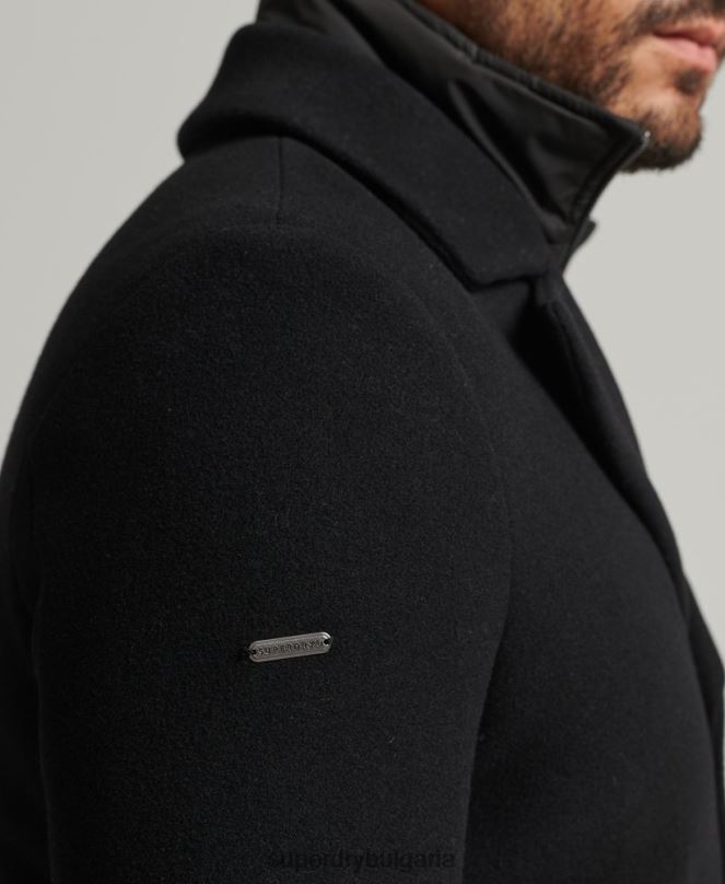 Superdry облекло N00H1131 черен мъже късо вълнено палто със сваляща се подплата