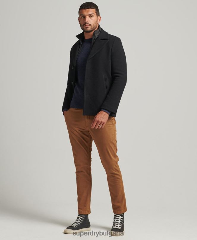 Superdry облекло N00H1131 черен мъже късо вълнено палто със сваляща се подплата