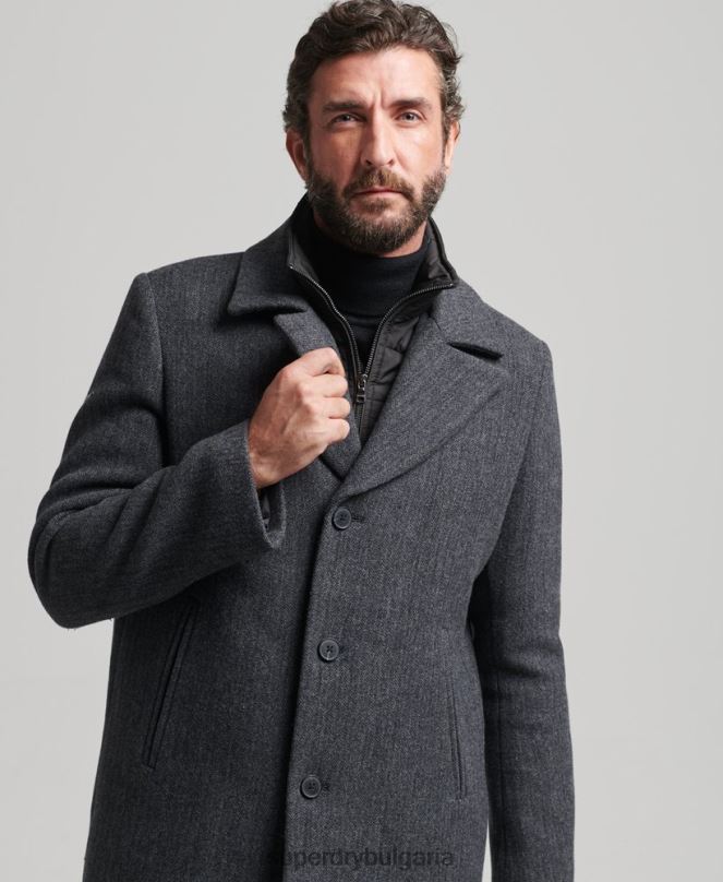 Superdry облекло N00H1136 тъмно сив мъже късо вълнено палто със сваляща се подплата