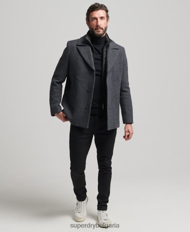Superdry облекло N00H1136 тъмно сив мъже късо вълнено палто със сваляща се подплата