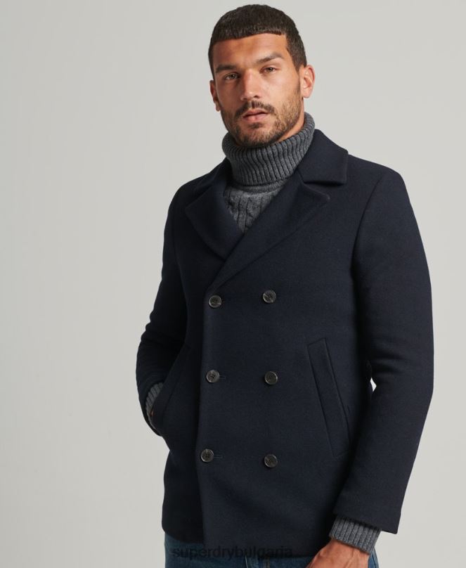 Superdry облекло N00H1146 военноморски флот мъже късо грахово палто от вълнена смес