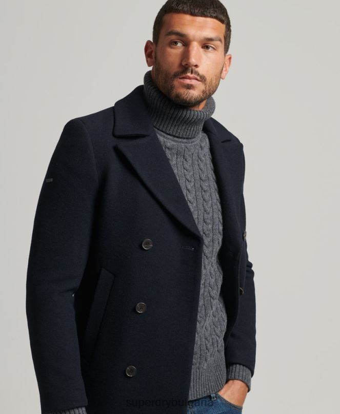 Superdry облекло N00H1146 военноморски флот мъже късо грахово палто от вълнена смес