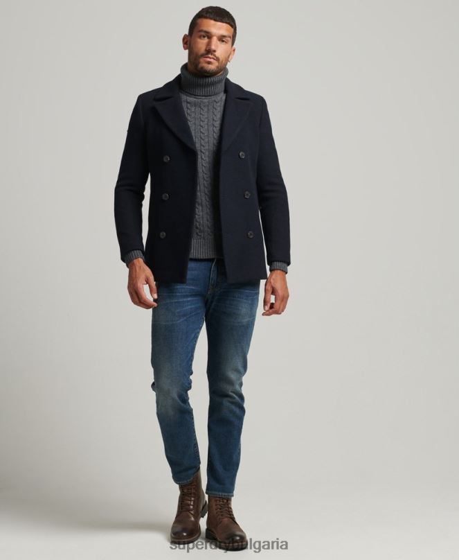Superdry облекло N00H1146 военноморски флот мъже късо грахово палто от вълнена смес