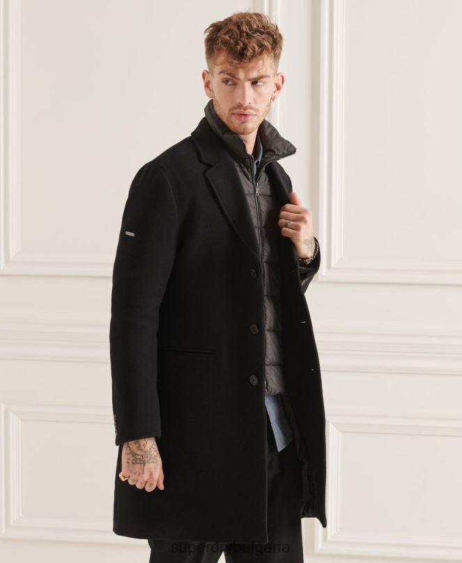 Superdry облекло N00H1165 черен мъже студия вълнено подплатено градско палто
