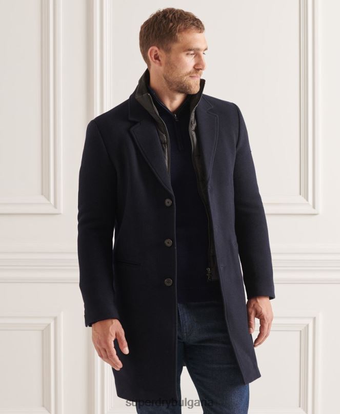 Superdry облекло N00H1166 военноморски флот мъже студия вълнено подплатено градско палто