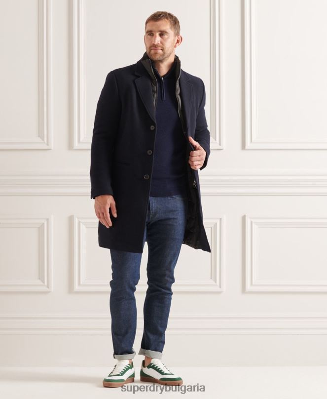 Superdry облекло N00H1166 военноморски флот мъже студия вълнено подплатено градско палто