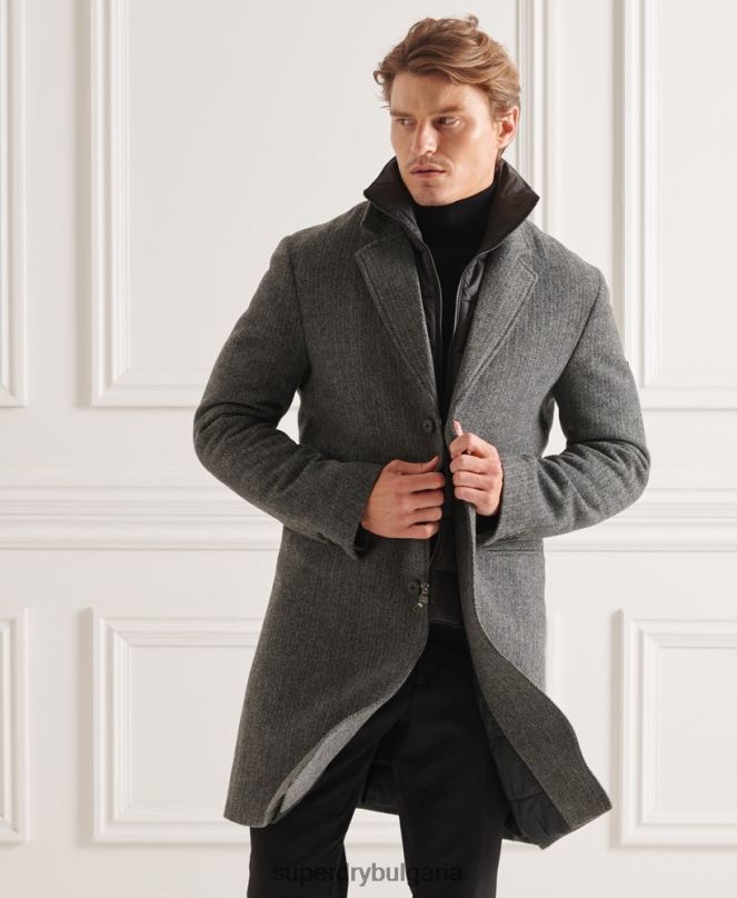 Superdry облекло N00H1167 тъмно сив мъже студия вълнено подплатено градско палто